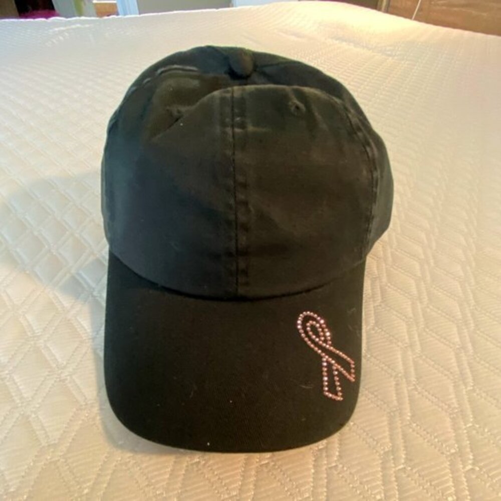 Black Baseball Cap with Pink Crystal Breast Cancer Awareness Ribbon NWOT